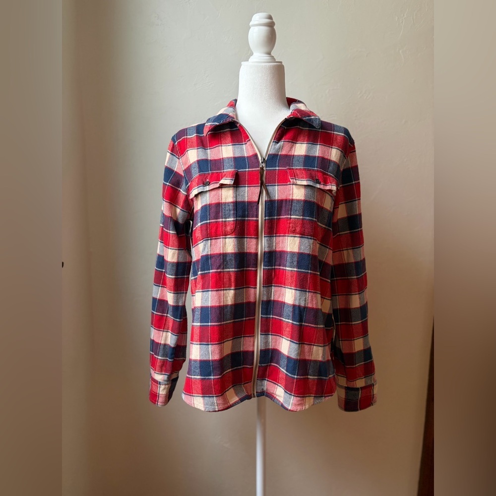 Chaps Plaid Zip Front Flannel Shirt Blue Red Cotton Women’s Large
